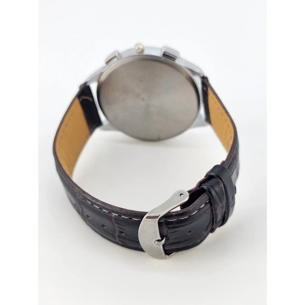 Men's Analog Watch 45MM Brown Dial Dark Brown Faux Leather Bands New Battery